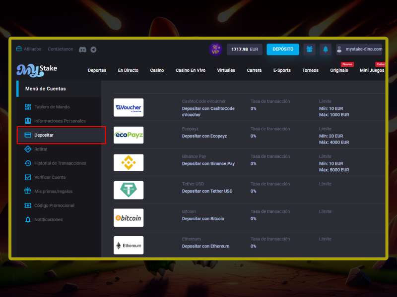 Cómo hacer un depósito en el casino MyStake